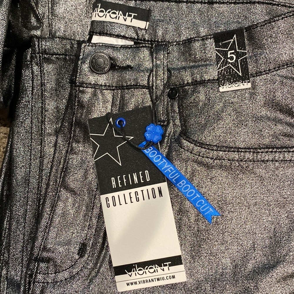 Vibrant Silver Gray Metallic Bootcut Flare Denim Shiny Pants NWT Multiple Sizes - Picture 14 of 16